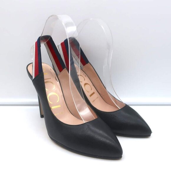 Gucci Sylvie Web Slingback Pumps Black Leather Size 36.5 - Picture 2 of 15